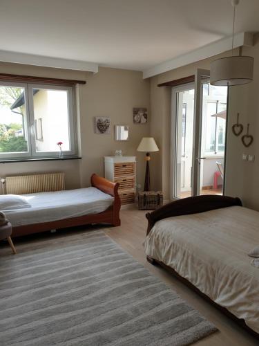 斯特拉斯堡La Tour de l'Ill的一间卧室设有两张床和大窗户