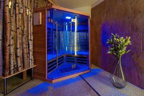 塔查斯卡-鲁穆尼卡Bel Hostel的花瓶间里带蓝色灯的淋浴