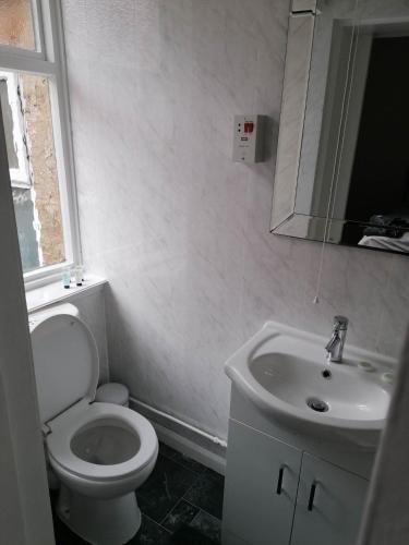阿什比德拉祖什The Queens Head的白色的浴室设有卫生间和水槽。
