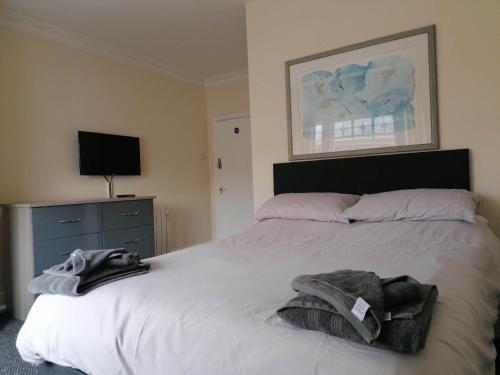 阿什比德拉祖什The Queens Head的一间卧室配有一张白色床、梳妆台和电视。