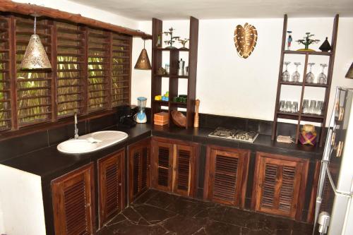 贝岛LOCAVACATION Les Hauts Manguiers Villa 2的一间带水槽和木制橱柜的浴室