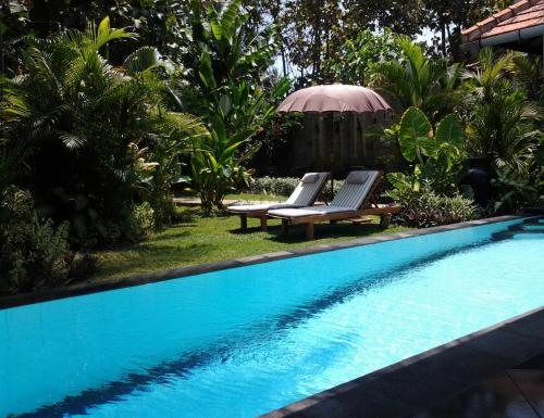 罗威那Villa Jati - Private Poolside Villa Central Lovina的一个带2把躺椅和遮阳伞的游泳池