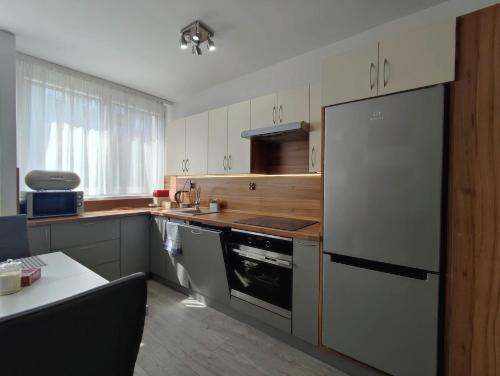 克沃兹科Komfortowy Apartament w Kłodzku的厨房配有白色橱柜和大冰箱。
