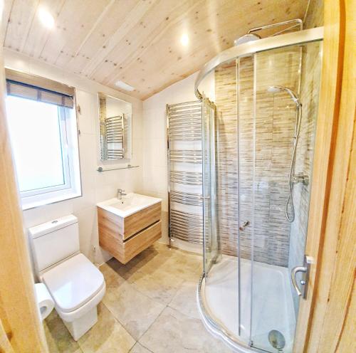 巴洛赫MAC Skyline Lodges的带淋浴、卫生间和盥洗盆的浴室