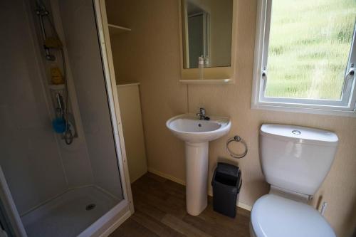 大雅茅斯Lovely 6 Berth Caravan With Decking For Hire In Norfolk Ref 50026k的浴室配有卫生间、盥洗盆和淋浴。