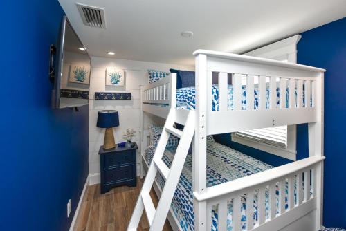 西耶斯塔岛Bimini Breeze的蓝色客房内的一张白色双层床
