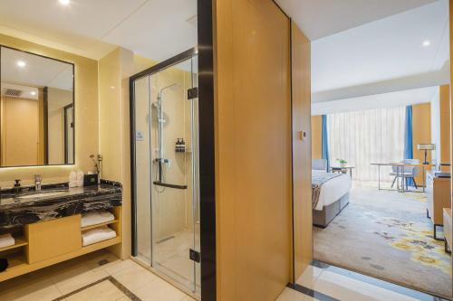 成都成都英联金盛国际酒店的带淋浴、盥洗盆和镜子的浴室