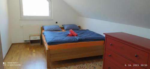 罗加斯卡斯拉提纳Pocitniska hisa Frida的一间卧室配有一张带蓝色床单和红色枕头的床