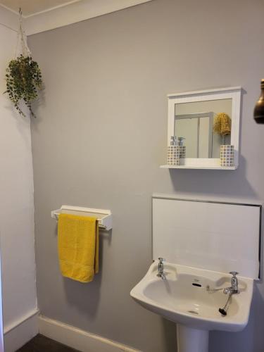 特伦Troon Beach Town Golf Apartment Troon Ayrshire的白色的浴室设有水槽和镜子
