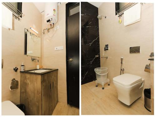 达兰萨拉Hotel Buddha's Abode的浴室的两张照片,配有卫生间和水槽
