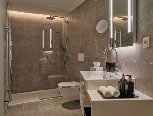 维也纳Adina Apartment Hotel Vienna Belvedere的一间带水槽、卫生间和淋浴的浴室