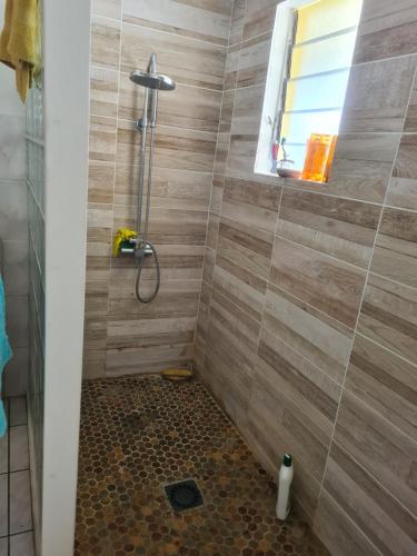 圣丹尼斯CHEZ LILIANE的浴室铺有木质瓷砖,设有淋浴。