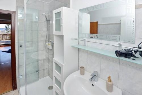 BachFerienwohnung Karawankenblick的白色的浴室设有水槽和淋浴。