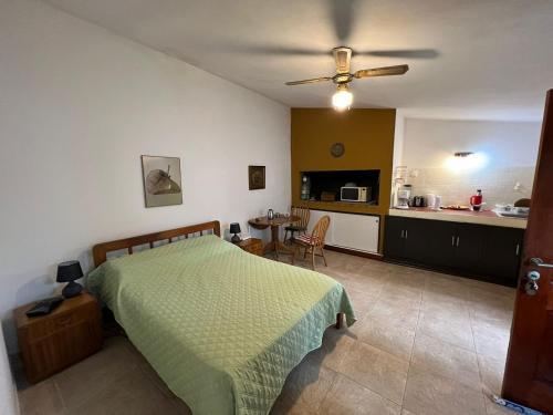 蒙得维的亚Linda casa en Barra de Carrasco的一间卧室配有一张床和一间厨房