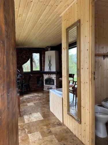 MinciuneştiCrângul Verde的小木屋设有浴缸和壁炉