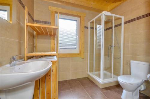 滨湖采尔Chalet Seven - by Alpen Apartments的一间带水槽、淋浴和卫生间的浴室
