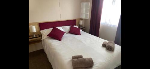 米尔福德昂西Home by the sea, Hoburne Naish Resort, sleeps 4, on site leisure complex available的卧室配有一张带紫色枕头的大型白色床。