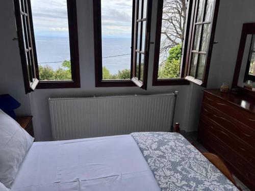 莫雷逊Sea & Mountain Pelion的一间卧室设有一张床和两个美景窗户。