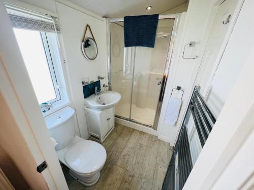 Saint Helens2 Bedroom Lodge TH35, Nodes Point, St Helens, Isle of Wight的浴室配有卫生间、淋浴和盥洗盆。