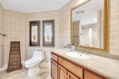 温特黑文The Luxury Lakehouse的一间带卫生间、水槽和镜子的浴室