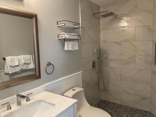 沃思湖Sunny Palms Inn的带淋浴、盥洗盆和卫生间的浴室