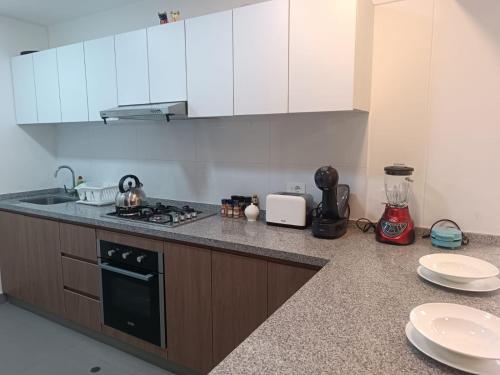 利马Massimo Apartament的厨房配有白色橱柜和炉灶烤箱。