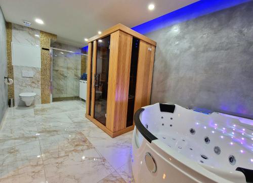 布拉格Wellness Gold apartment with Private SAUNA & JACUZZI的带浴缸和卫生间的大型浴室