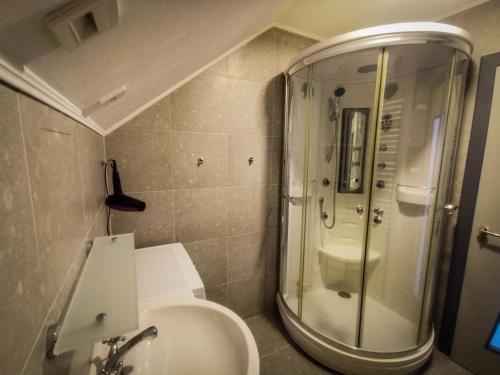 ChortkivGreen Town Apartment的带淋浴、盥洗盆和卫生间的浴室