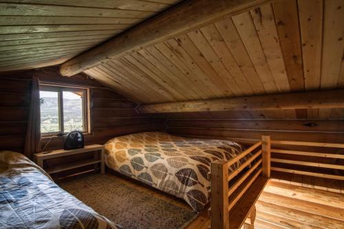 费尔蒙特温泉The Raven's Nest Resort & Campground的小木屋内的卧室,配有床和窗户