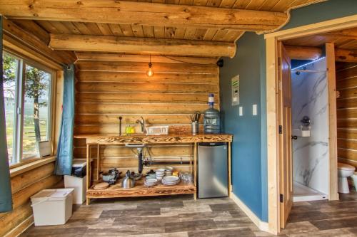 费尔蒙特温泉The Raven's Nest Resort & Campground的厨房设有木墙和带水槽的台面。