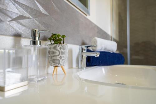 菲利普斯堡Modern 3BR Home with Own Private Pool的一间带水槽和花瓶的浴室