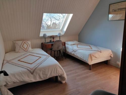 莫尔莱Chambres d'hôtes Avel Glaz的一间卧室设有两张床、一张桌子和一个窗口。