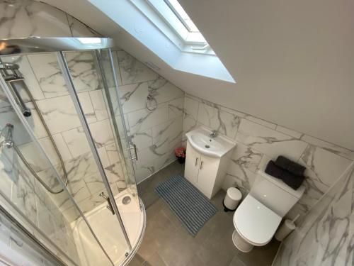 伦敦STUNNING 1 BEDROOM FLAT IN WOOD GREEN的一间带玻璃淋浴和卫生间的浴室