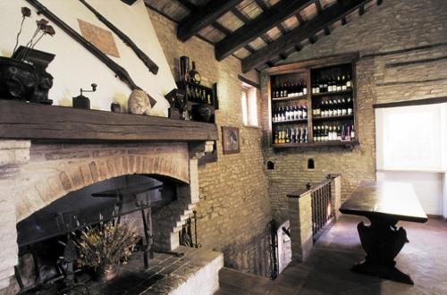 La TorracciaLocanda Di Villa Torraccia的砖房设有壁炉和带葡萄酒瓶的架子