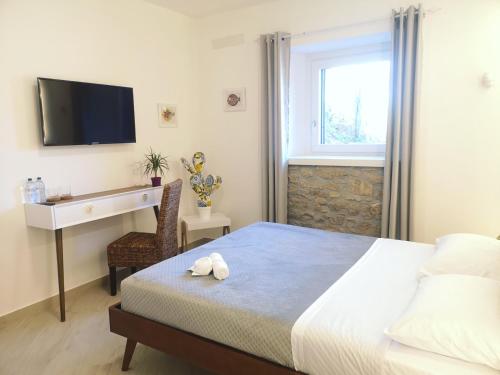 皮亚扎-阿尔梅里纳Panorama Suite的一间卧室配有一张床、一张书桌和一台电视