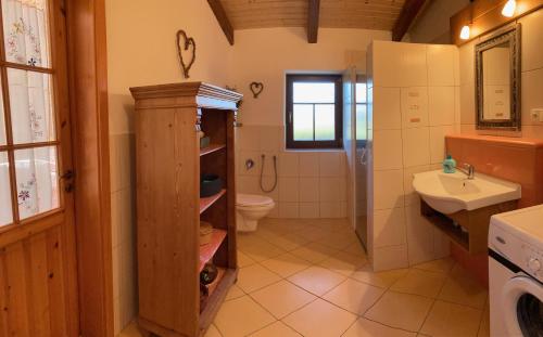 RadvánoviceVilla Beata的一间带水槽、卫生间和镜子的浴室