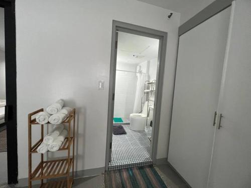 莫龙One Bedroom Condo Subic Bay的走廊设有带镜子和卫生间的浴室