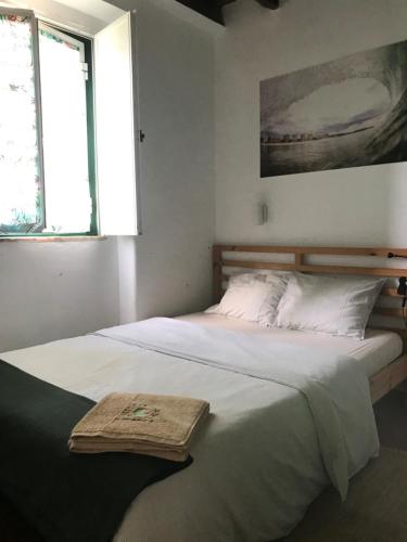 卡帕里卡海岸GetWet SurfCamp II的一间卧室配有两张床,并备有托盘
