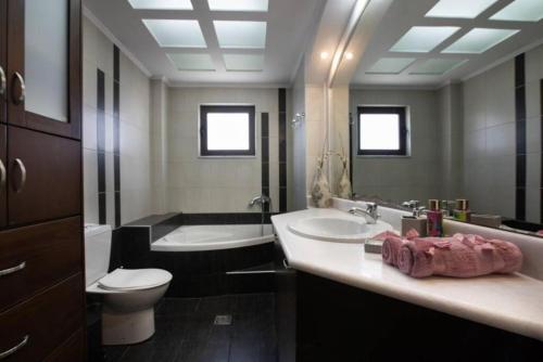 基萨莫斯Terpsis House的浴室配有盥洗盆、卫生间和浴缸。