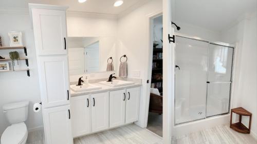 HimrodBrand New 2 Bedroom Cottage on Seneca Lake的一间带两个盥洗盆和淋浴的浴室