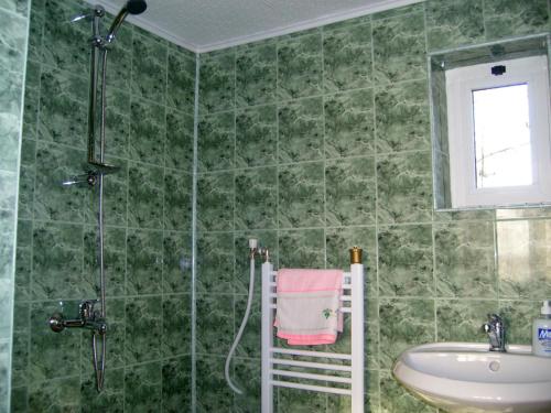 特里亚夫纳生活度假屋的绿色瓷砖浴室设有水槽和淋浴