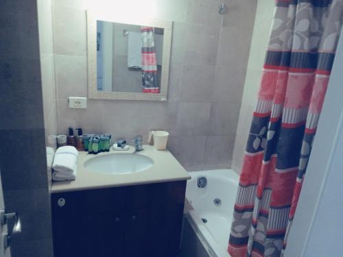 荷兹利亚Bדירות נופש מרינה הרצליה的一间带水槽和淋浴帘的浴室