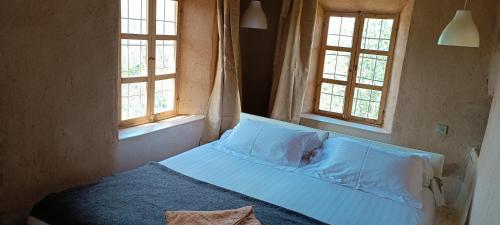 凯拉Kasbah ait Moussa的卧室内的一张床位,设有两个窗户