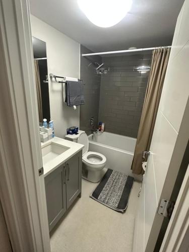 萨斯卡通Cozy BSMT Apt w/2BR+Disney+ Nflx的浴室配有卫生间、盥洗盆和浴缸。