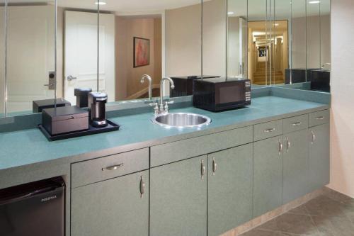 舒格兰Houston Marriott Sugar Land的浴室的柜台设有水槽和镜子