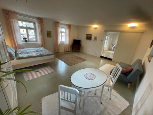 博尔扎诺Lauben Suite Old Town Bolzano的客厅配有桌子和沙发