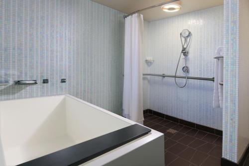 达拉斯The Westin Galleria Dallas的浴室设有浴缸和蓝色瓷砖淋浴。