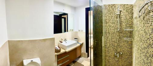 赫尔格达Apartment Azzura Sahl Hasheesh with private garden的一间带水槽、卫生间和淋浴的浴室