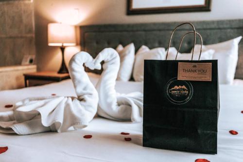 坎莫尔坎莫尔洛矶山汽车旅馆的一张带天鹅毛巾的床上购物袋