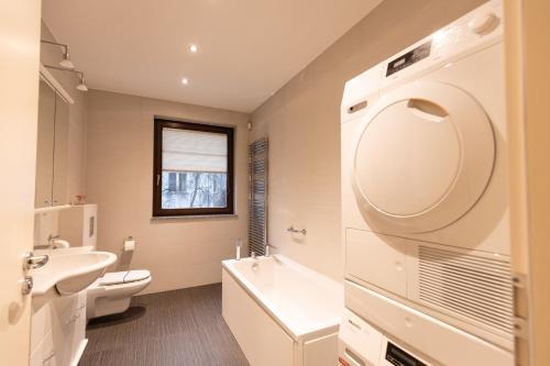 索波特Basha Apartment PREMIUM Sopot 2的一间带水槽、卫生间和镜子的浴室